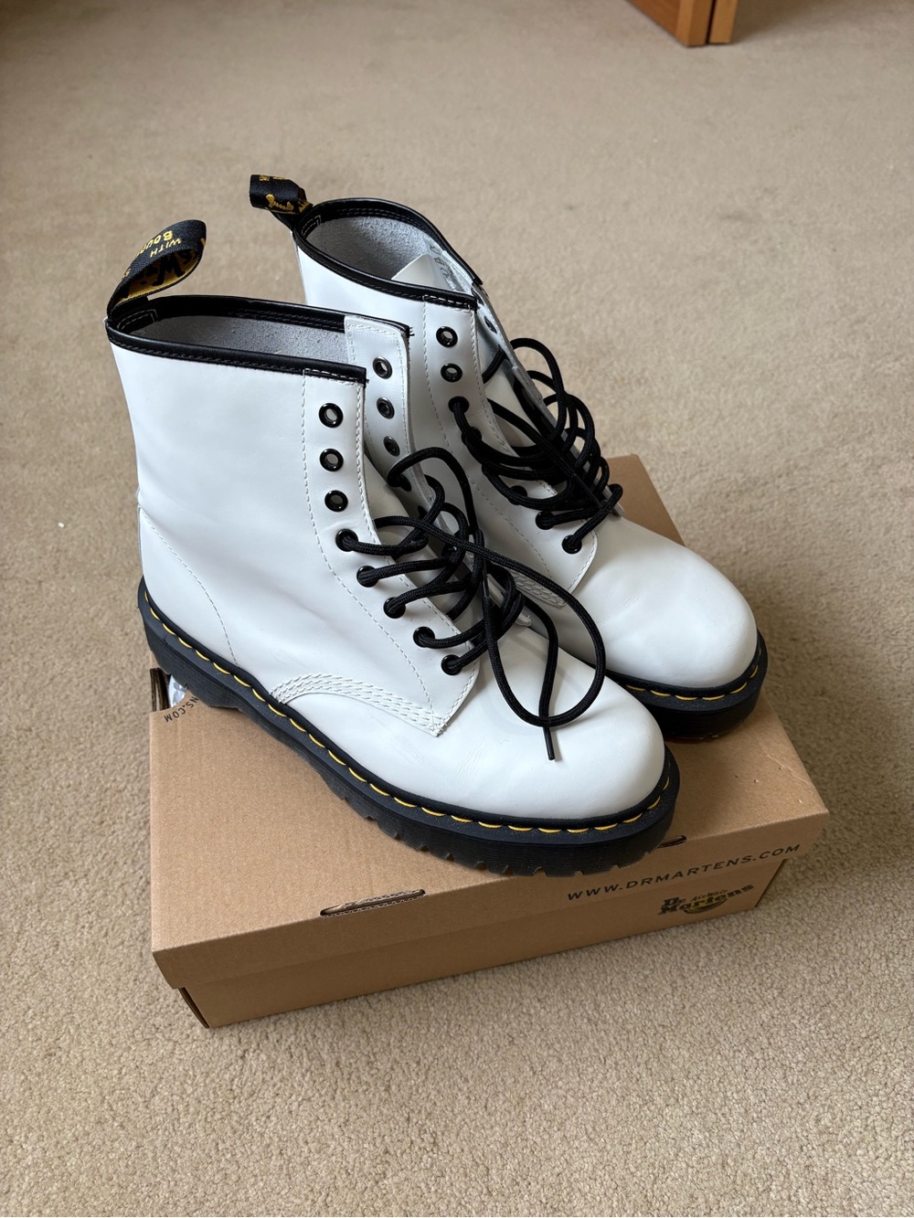 Dr. Martens White Leather Lace-Up Combat Boots with Black Trim
